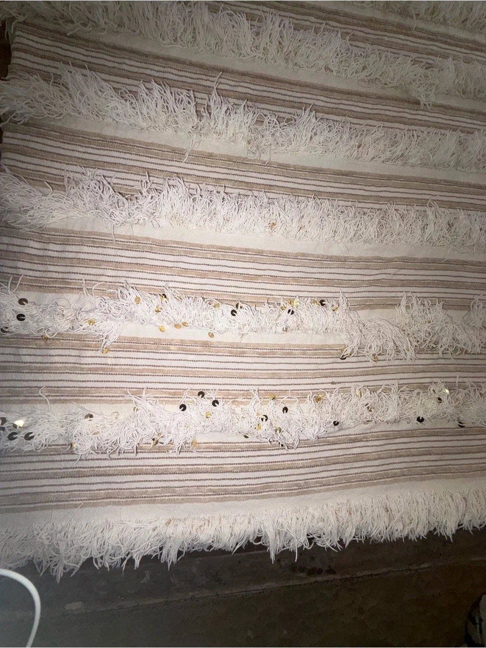 Anthropologie Neutral Beige Striped Fringe Throw